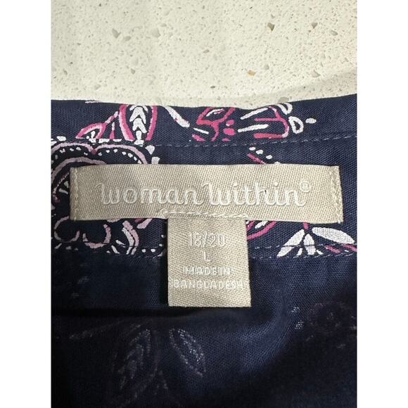 Woman Within Button Up Top L 18/20 Blue Floral 3/4 Sleeves Cotton Mature Casual - Picture 4 of 7